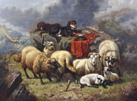 Henri de Beul (Belgian 1845-1900) Highland scene with sheep, watchful dogs and approaching shepherd