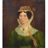 English School (19th century) Portrait of a lady wearing a green dress and lace bonnet