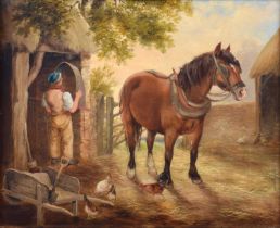 English School (19th century) Horse and figure in a farm yard