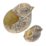 Two George V novelty chick silver pin cushions,