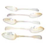 Five George III and later silver table spoons,