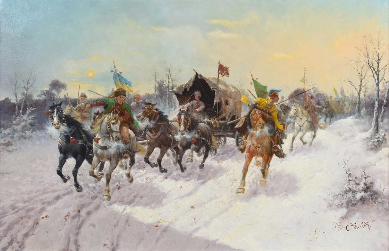 Constantin Baumgartner-Stoiloff (Austrian/Russian 1850-1924) Advancing cossack convoys - Image 2 of 5