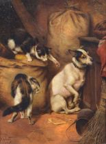 Herbert William Weekes (British 1841-1914) Cowering dog with two cats