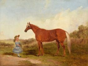 English School (19th century) Portrait of a standing chestnut horse and a girl