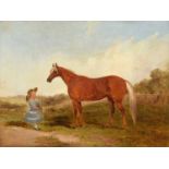 English School (19th century) Portrait of a standing chestnut horse and a girl