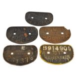Collection of five cast iron 'D' type wagon plates