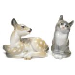 Two Royal Copenhagen figures and a Dish Recumbent Fawn & Seated Cat