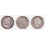 Three historical silver Crowns to include Charles II, 1677 silver crown (3).