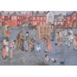 Elizabeth R. Hunt (British 20th century) Northern street scene with figures