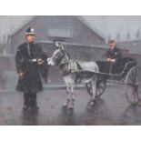 Marc Grimshaw (British 1957-) Street scene with policeman and donkey-drawn cart
