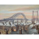 Steven Scholes (British 1952-) "The Three Bridges, Runcorn/Widnes, 1961"