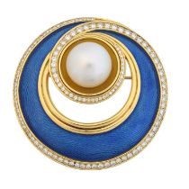 An 18ct gold cultured pearl, enamel and diamond brooch by Leo De Vroomen,