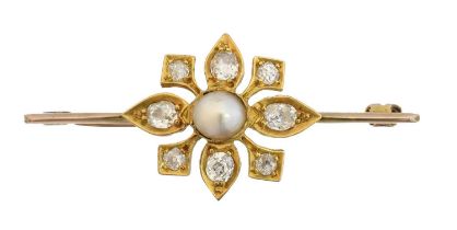 A split pearl and diamond bar brooch,