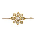 A split pearl and diamond bar brooch,