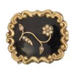 A Victorian enamel and split pearl mourning brooch,