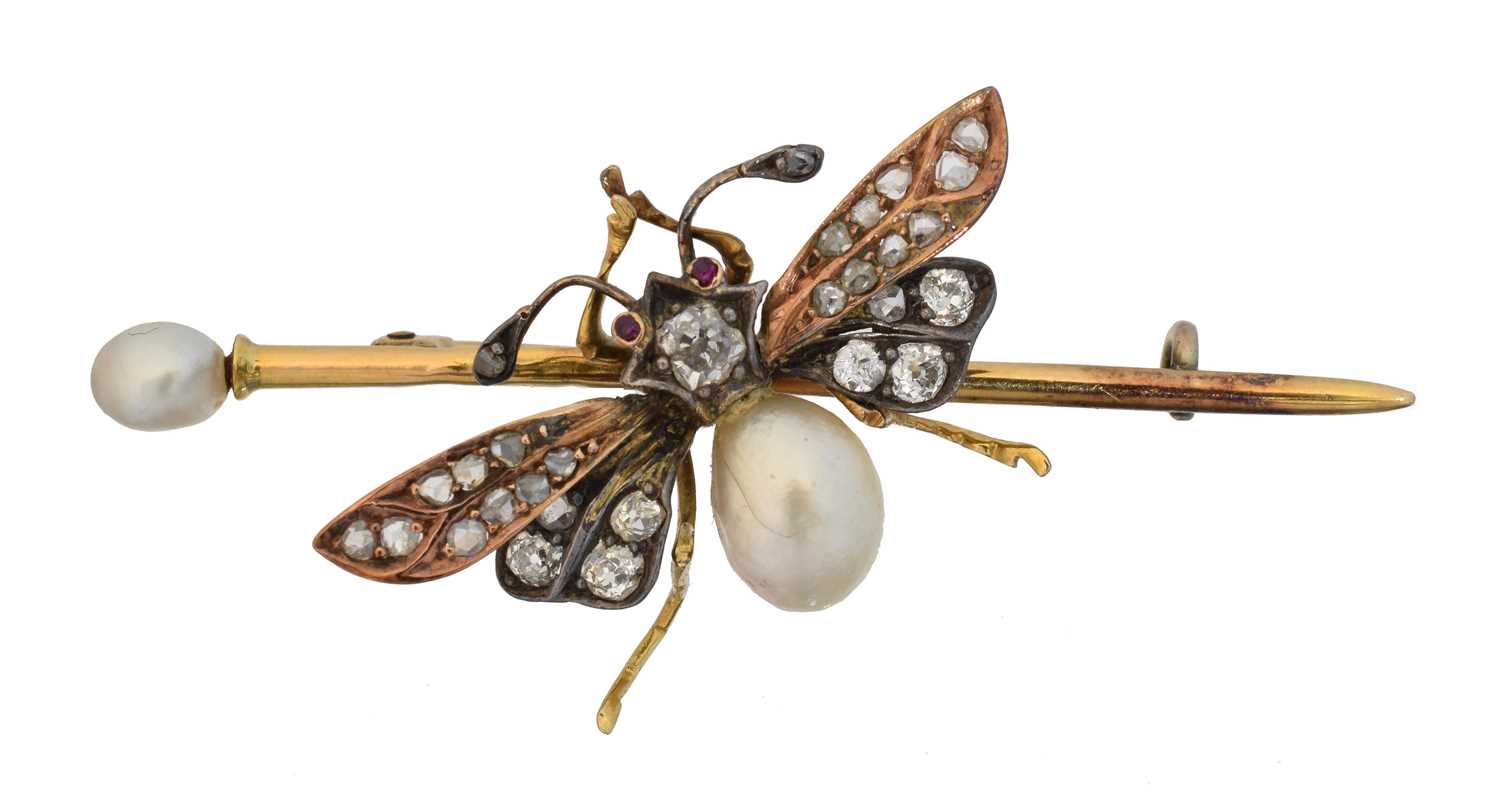 A Victorian pearl and diamond bug brooch,
