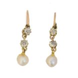 A pair of diamond and pearl earrings,