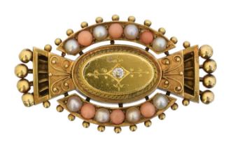 A Victorian coral diamond and split pearl brooch,