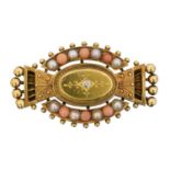 A Victorian coral diamond and split pearl brooch,