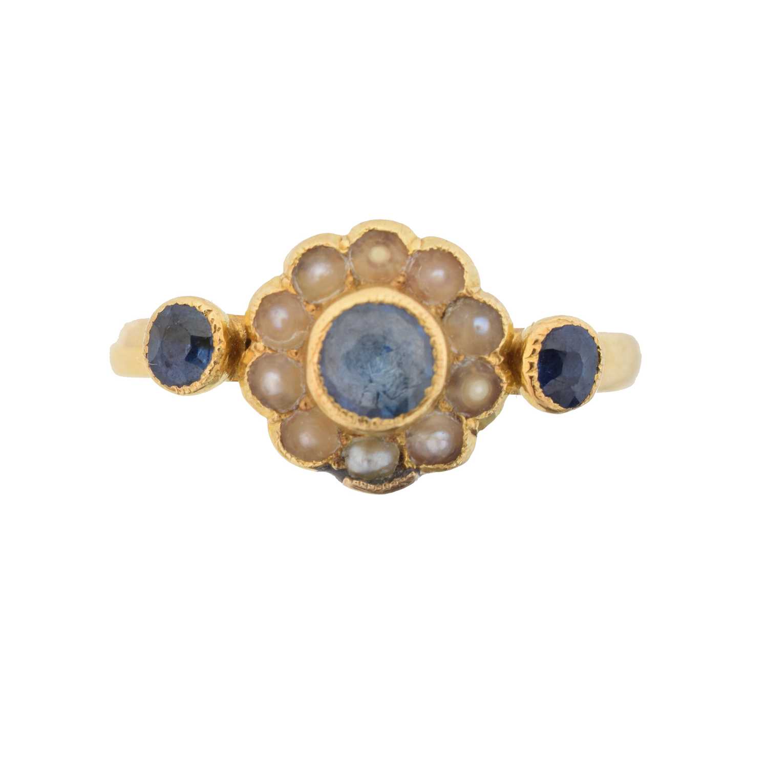 An early 20th century 18ct gold sapphire and split pearl cluster ring,