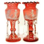 Pair of Mary Gregory type ruby glass lustres