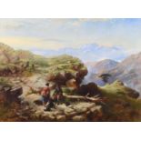 Circle of Richard Ansdell R.A. (British 1815-1885) Mountainous landscape with a Highlander and lady