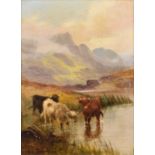 Alfred Fontville De Breanski Jnr. (British 1877-1957) Highland cattle watering in a mountainous land