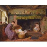 George Smith (British 1829-1901) Interior scene with figures and sleeping baby