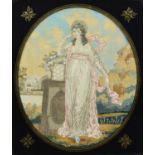 A Georgian needlework silk picture depicting a standing female beside a column.