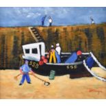 Stephanie Dingle (British 1926-2017) Harbour scene with fishing boat and fishermen