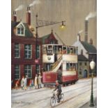 Arthur Delaney (British 1927-1987) Manchester street scene with figures and tram