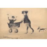 L.S. Lowry R.A. (British 1887-1976) Woman pushing child in a pram with dog following