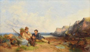 Joseph Horlor (British 1809-1887) Beach scene with figures and a boat