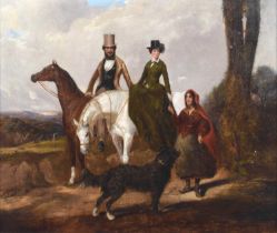 Joseph Dunn (British 1806-1860) Horses and riders, possibly Queen Victoria and Albert in a rural lan