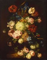 Dutch School (19th century) Still life of flowers in a terracotta vase on a marble ledge