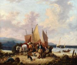 William Shayer (British 1787-1879) Beach scene with numerous figures