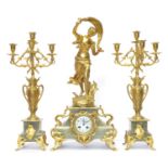 Late 19th century French Onyx and Ormolu Clock Garniture surmounted by a figure titled ‘La Brise’ af
