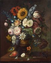 Dutch School (19th century) Still life of flowers in a terracotta vase on a marble ledge