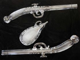 Pair of cut glass Webb Corbett pistols and flask