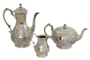 A Victorian silver three piece tea set,