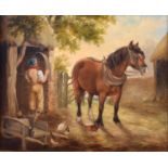 English School (19th century) Horse and figure in a farm yard