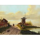 Jan Beekhout (Dutch 1937-) River scene with windmill and figure fishing