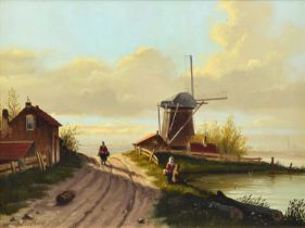 Jan Beekhout (Dutch 1937-) River scene with windmill and figure fishing