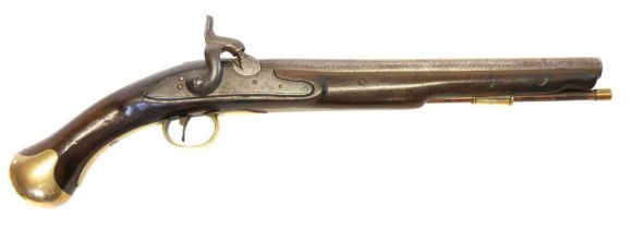 Percussion sea service type pistol, 12 inch .600 calibre barrel, plain border line engraved lock