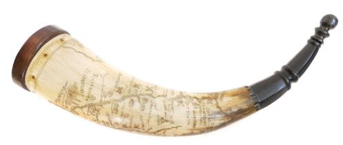 Finely hand-decorated 21st century scrimshaw powder horn,