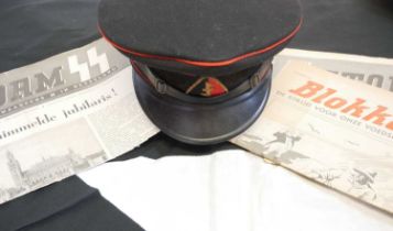 WWII Dutch SS Legion flag, cap and related paperwork