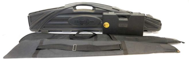 Flambeau rifle / shotgun hardcase, a MTM pistol case and nine gun slips.