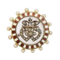 A Victorian enamel rock crystal and diamond brooch,