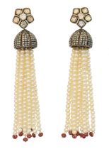 A pair of Indian diamond, pearl and ruby earrings,