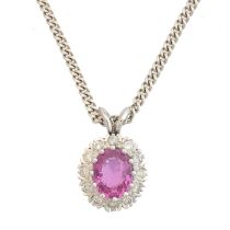 A pink sapphire and diamond pendant,